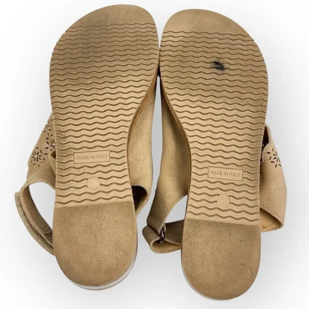 Sesto Meucci Sandals 8.5 Tan Suede Laser Cut‎ Floral Studded Wedge Boho Italian